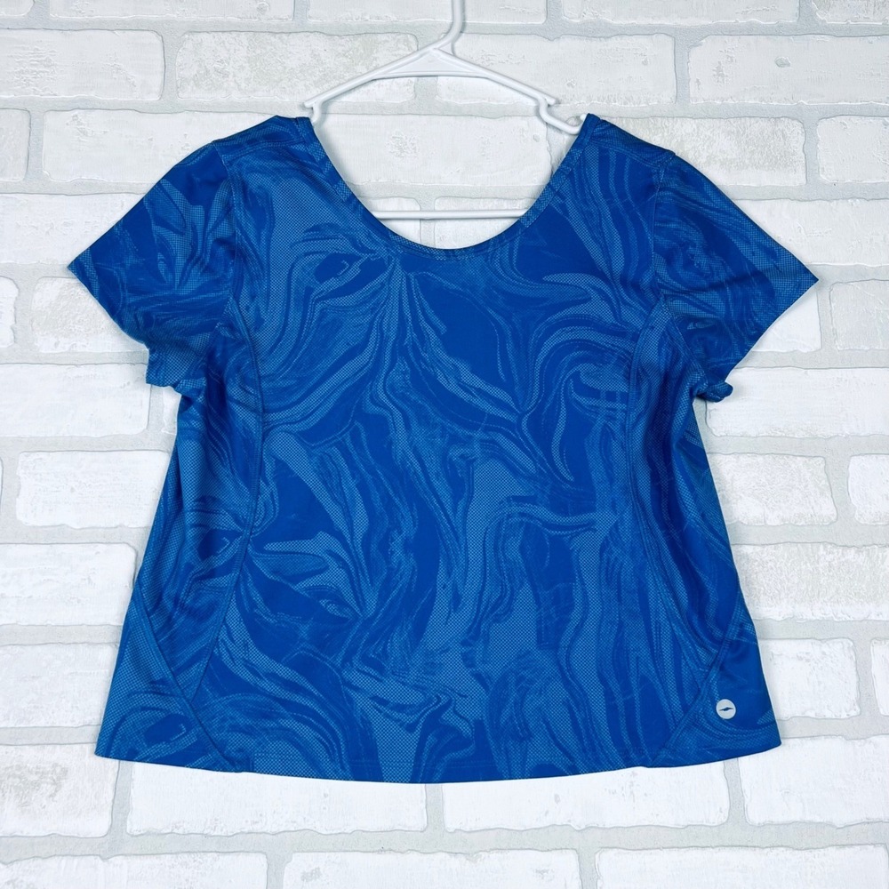 Avia Womens XL Plus Blue Marble Swirl Print Short Sleeve Activewear Workout Top